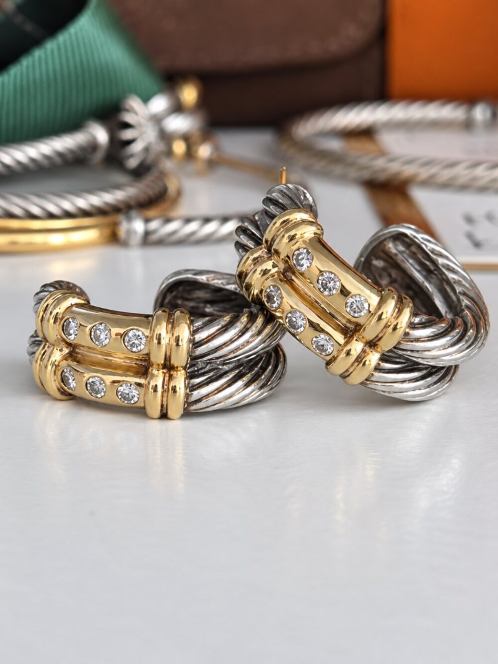 David Yurman 14K Gold Sterling Double Cable Diamond Earrings